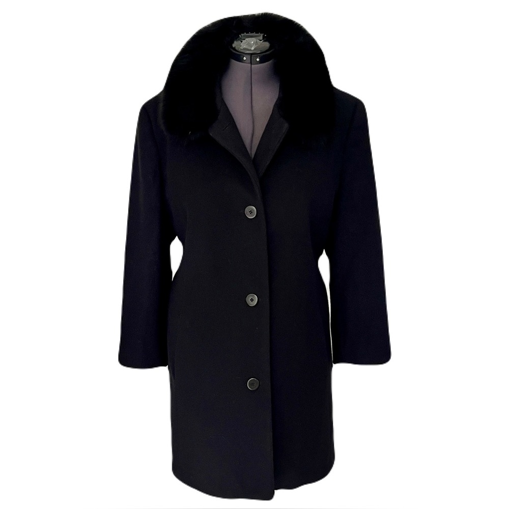 Vintage Forecaster Black 100% Wool Walker Coat with Fox Fur Collar Trim, Size 16